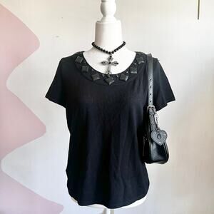 Black Beaded Neckline Top, Y2K, Boho, Glam, Vintage, Retro, Elegant,‎ Medium